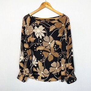 CHICO’S Size 3 US XL Billow Sleeve Blouse Black & Tan Bold Floral Popover NEW